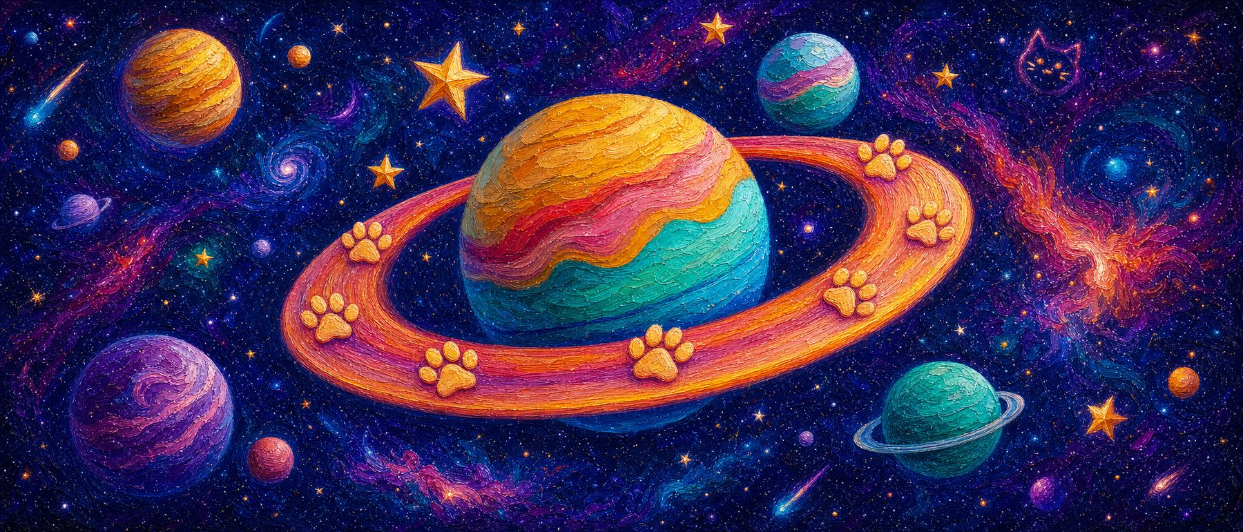 A ringed planet in deep space, its ring marked with a trail of golden footprints