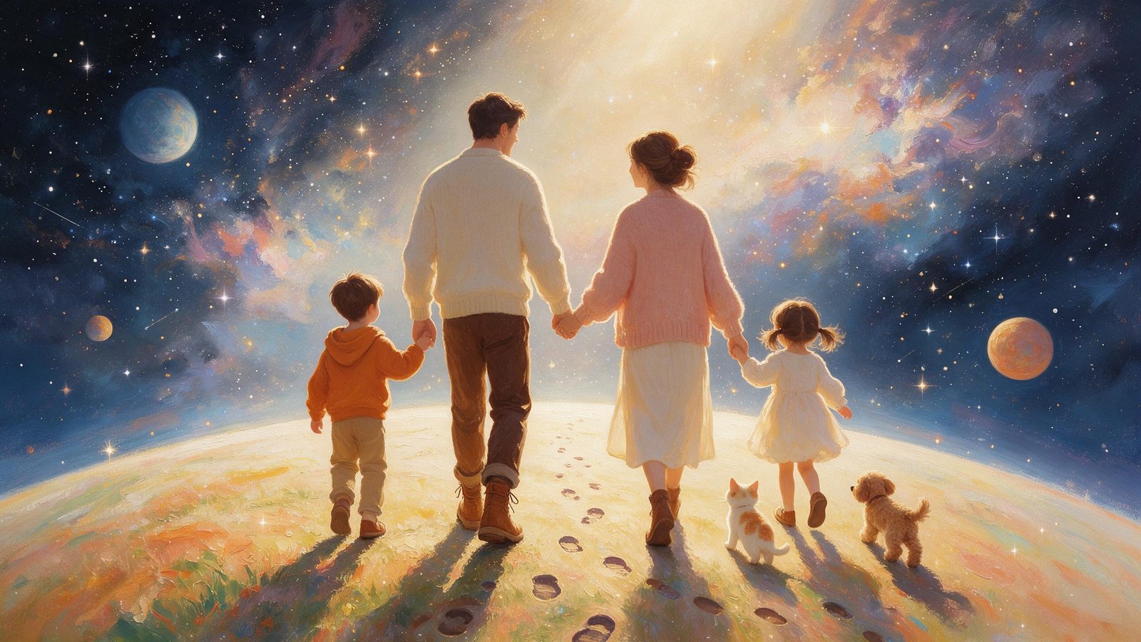A family of four walking together across a glowing planet under a starlit sky, leaving a trail of footprints behind them